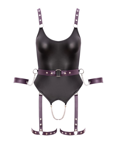 Body à jarretelles ouvert avec menottes - Cottelli Bondage